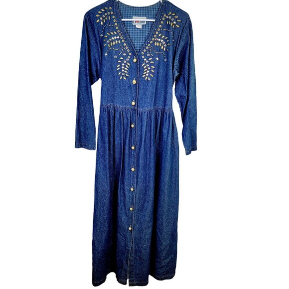 Vintage 90s Denim Midi Dress Women Medium Teacher Embellished Rhinestone 8 10 M - Picture 8 of 16